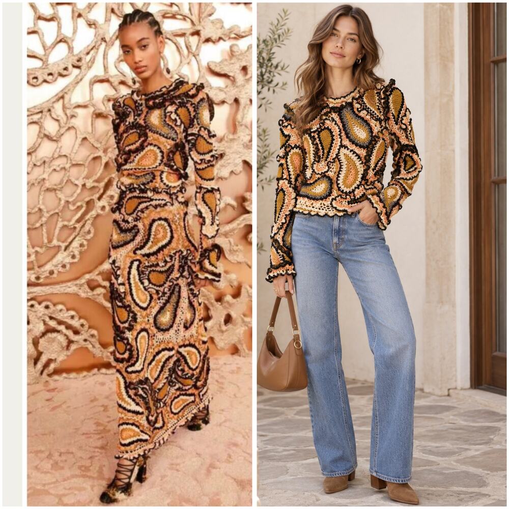 Ulla Johnson Sunara Paisley Crochet Knit Long Sleeve Top P/S $1590